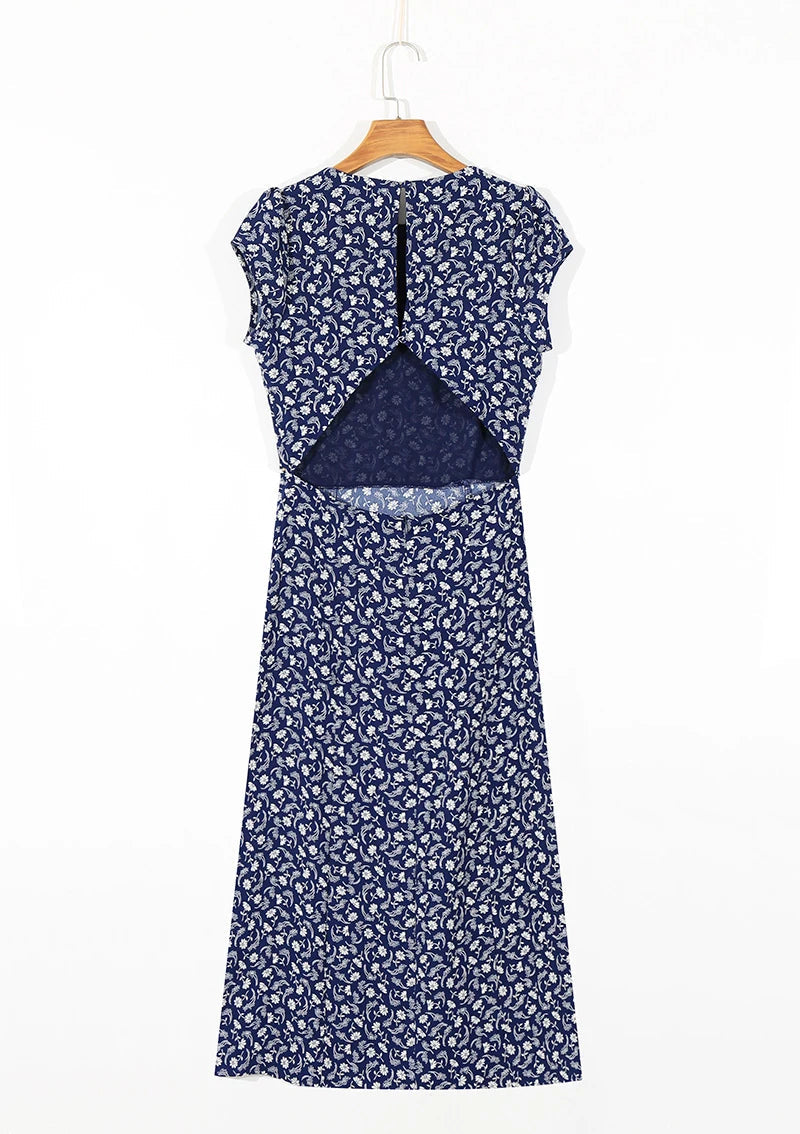 Summer Backless Midi Dress Print Split Dress Holiday Lady Beach Party Vestidos