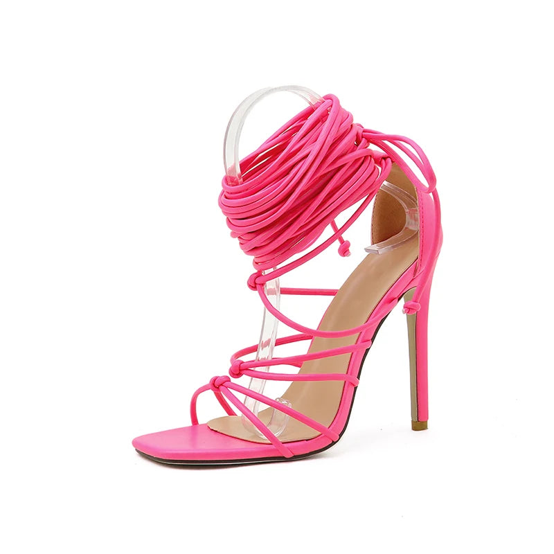 New Gladiator Knee High Sandals Open Toe Lace Up Cross Strappy Sandals High Heels Shoes