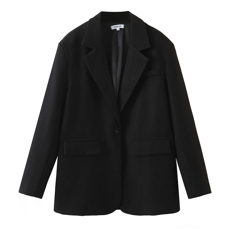 Spring Autumn Free Style One Button Oversized Blazer Boyfriend Mid Long Suit Loose Female Coat Black