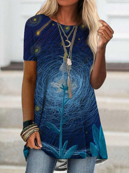 Digital Printed Blouse Short Sleeve Loose Shirt Lady Pullover Shirt