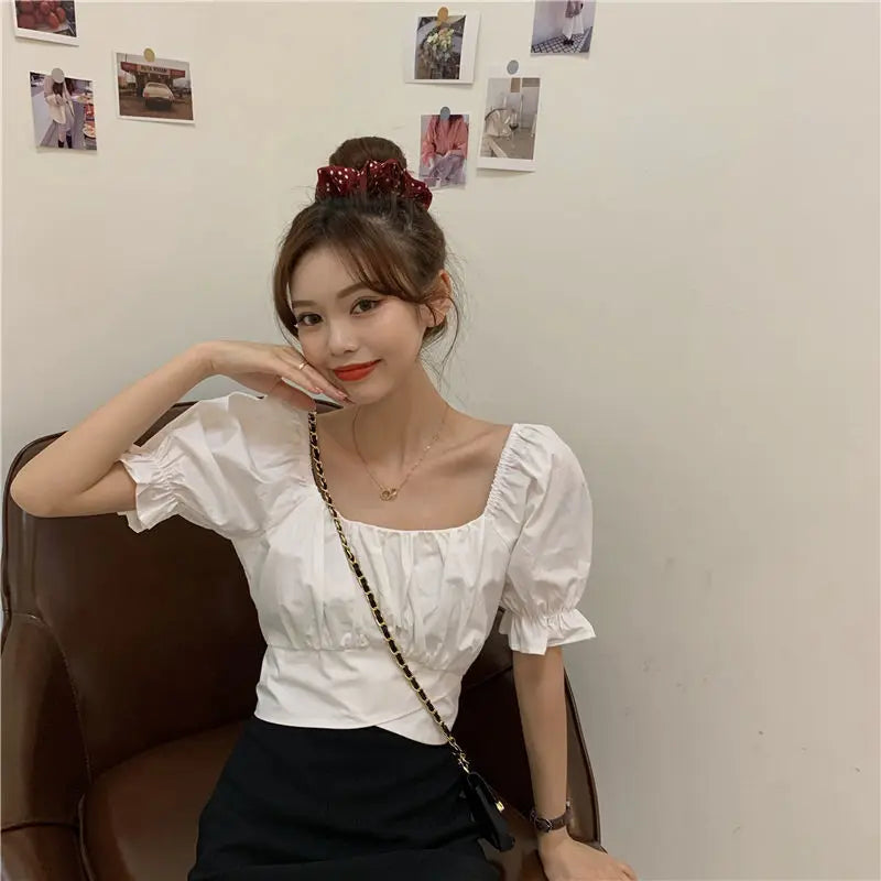 Lace Up Backless Top Youth Woman Blouses Short Sleeve Summer Shirt Low Cut New