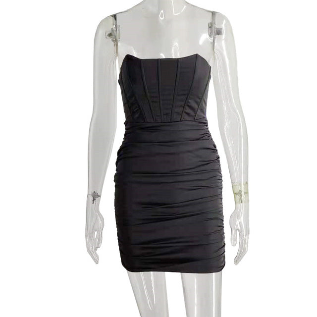 Satin Strapless Ruched Dress for Summer Off-shoulder Sleeveless Bodycon Party Clubwear Mini Dresses Vestidos