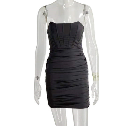 Satin Strapless Ruched Dress for Summer Off-shoulder Sleeveless Bodycon Party Clubwear Mini Dresses Vestidos