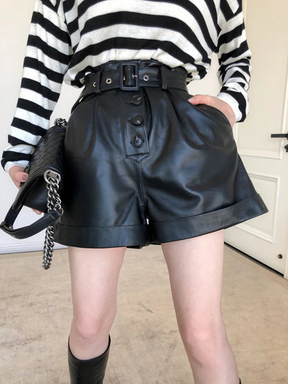 Spring and Autumn New Cotton Sheepskin High Waist Slim Belt Ruffled Genuine Leather Wide Leg Pants Outside Wearing Shorts