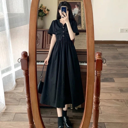 Kylethomasw Summer Newblack Slim Dresses for Vneck French Sweet Long Dress M4xl Loose Short Sleeve Dress Vestido