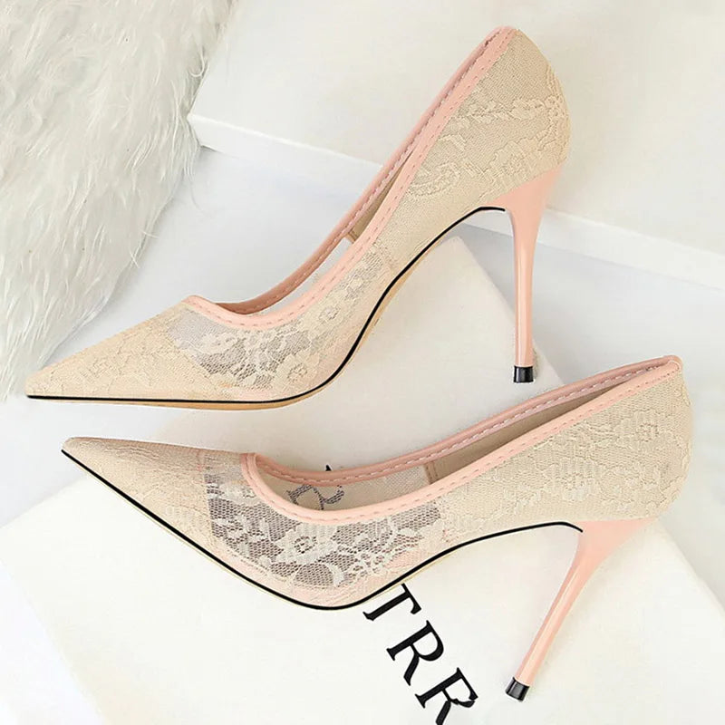 Shoes Mesh Hollow Lace Woman Pumps Spring Heels Party Shoes Thin Stiletto Heels Shoes 6 Colour