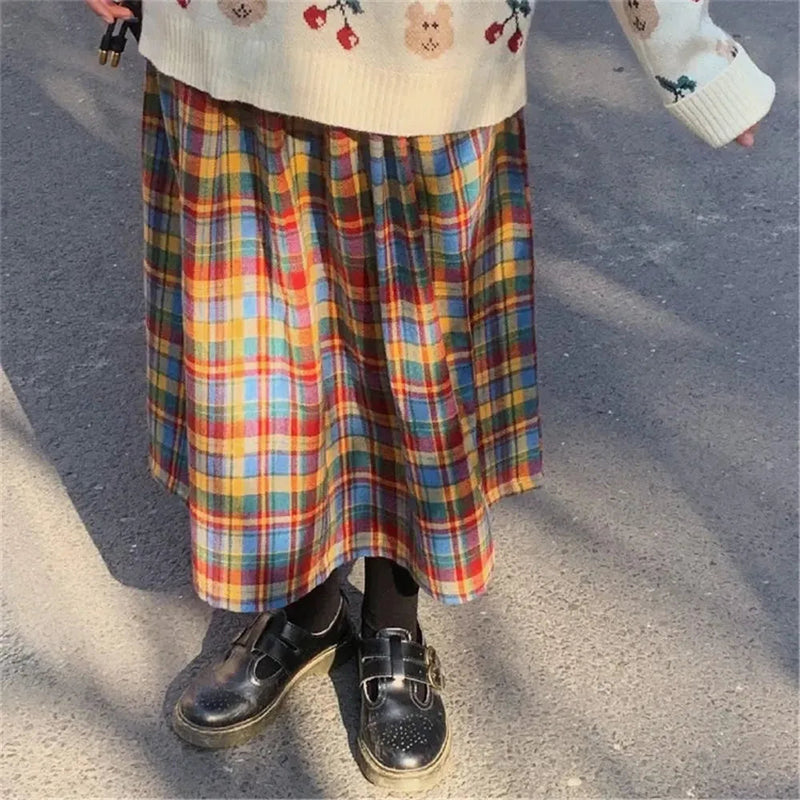 Japanese Rainbow High Waist Aline Wool Plaid Skirt Female Students Preppy Style Wild Midi Skirt Autumn Long Skirt