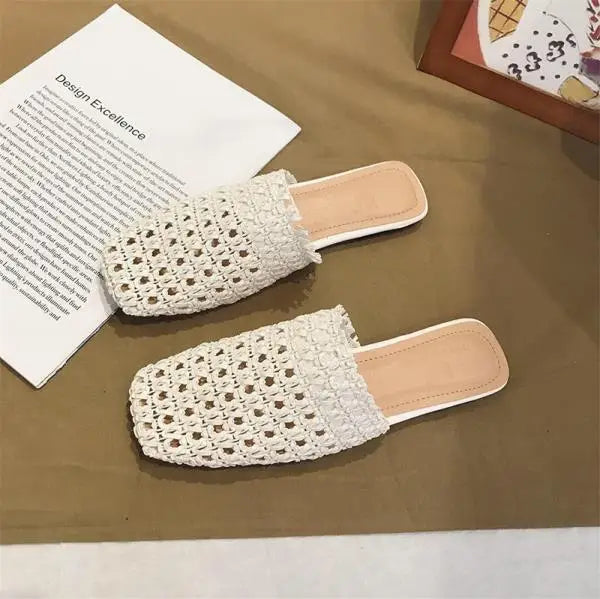 Shoes Slippers Soft Slides Slipers Cover Toe Low Loafers Fretwork Heels Comfort Flat Basic Fabric Rubber Cane Pu