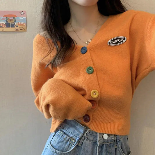 Knit Korean Crop Sweaters Cardigan for Oversize Long Sleeve Top Knitwear Autumn Short Outerwear Clothes V Neck