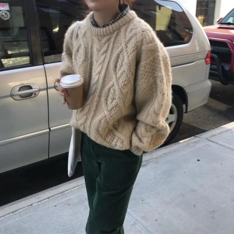 Thick Twisted Office Lady Tops Loose Apricot Pullovers High Street Knitted Sweater