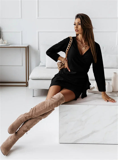 Color Dresses V-neck Long Sleeve Slim Mini Dress