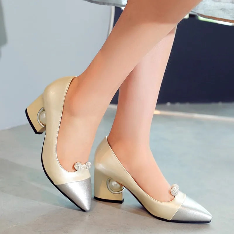 Pumps Designer Pearl High Heels Patchwork Pointed Toe Party Fall Shoes New White Red Large Size 45