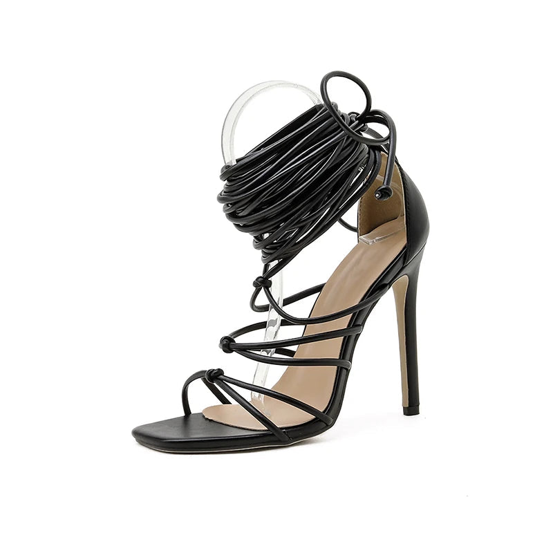 New Gladiator Knee High Sandals Open Toe Lace Up Cross Strappy Sandals High Heels Shoes
