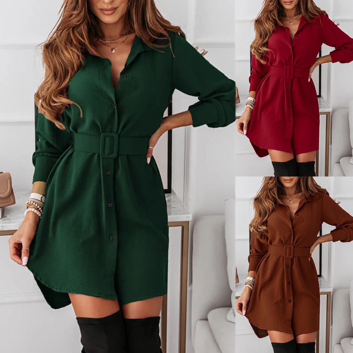 Turn Down Collar Shirt Mini Dress
