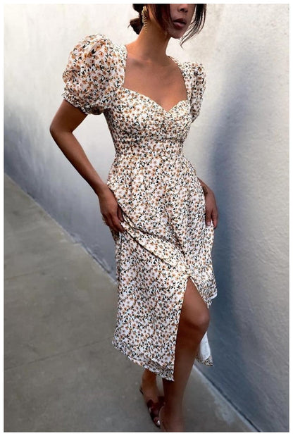 Midi Dress Print Split Blue Sundress Party Beach Dress
