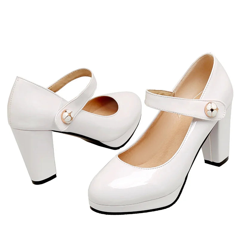 High Heels Mary Janes Shoes Patent Red Pink White Heeled Party Wedding Shoes Female Dress Pumps Large Size 45