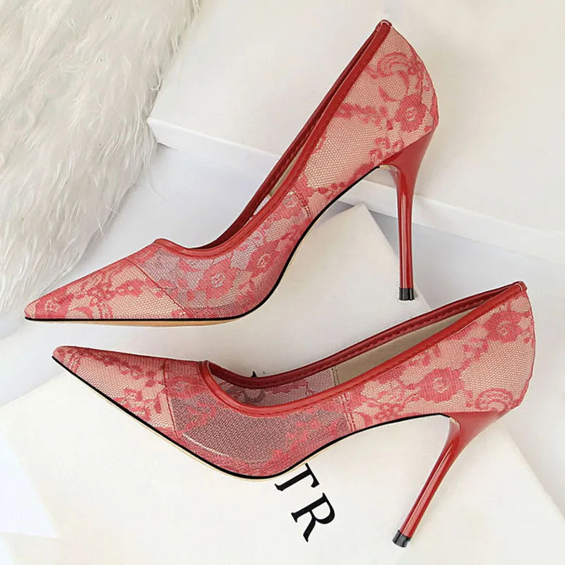 Shoes Mesh Hollow Lace Woman Pumps Spring Heels Party Shoes Thin Stiletto Heels Shoes 6 Colour