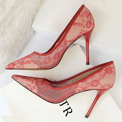Shoes Mesh Hollow Lace Woman Pumps Spring Heels Party Shoes Thin Stiletto Heels Shoes 6 Colour