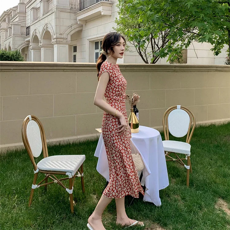 Summer Backless Midi Dress Print Split Dress Holiday Lady Beach Party Vestidos