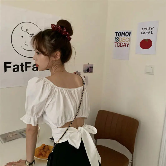 Lace Up Backless Top Youth Woman Blouses Short Sleeve Summer Shirt Low Cut New