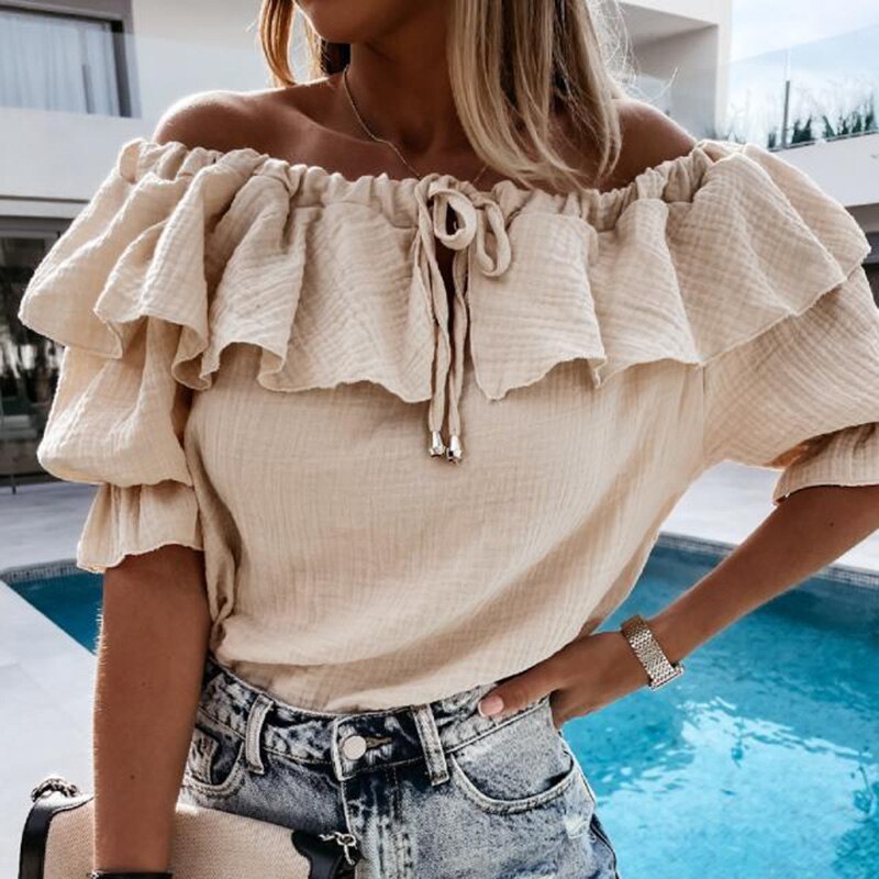 Off Shoulder Ruffles Blouse Shirts Color Lace-up Tops Pullovers Loose Blusa