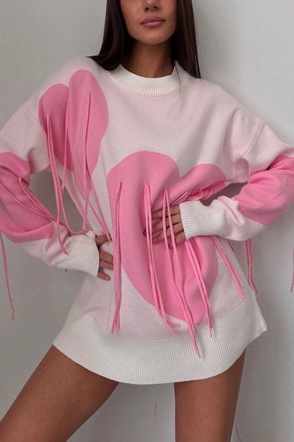 Heart Graphic Fringe Sweater