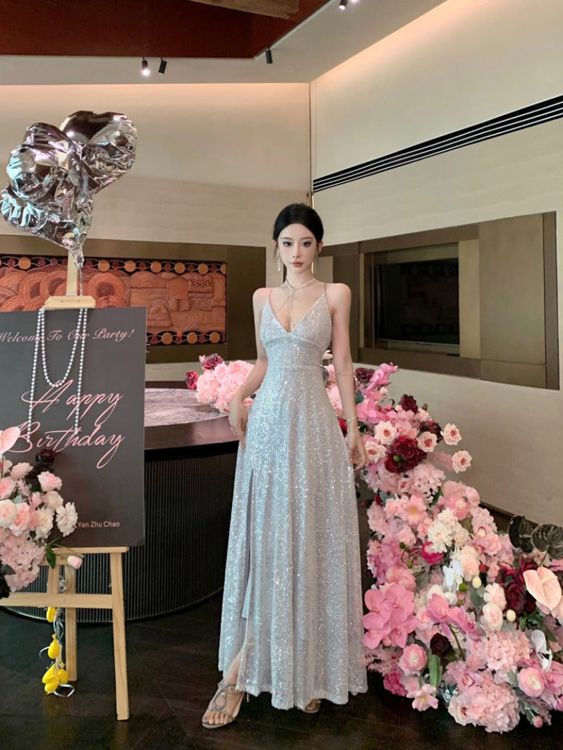 Sequin Silver Maxi Dress Birthday & Evening Gown