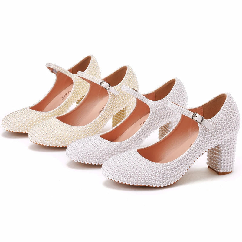Crystal Queen Platform High Heels Mary Janes White Lolita Style Pumps Party Beige Pearl Wedding Shoes 7cm
