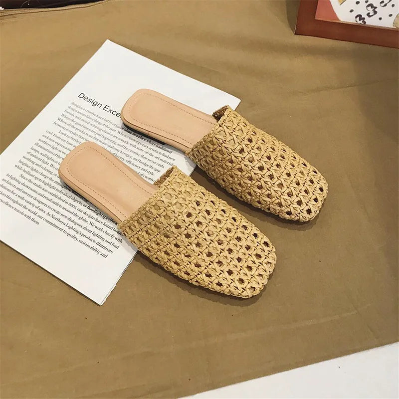 Shoes Slippers Soft Slides Slipers Cover Toe Low Loafers Fretwork Heels Comfort Flat Basic Fabric Rubber Cane Pu
