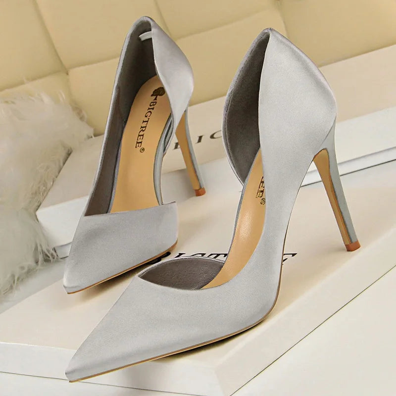 Shoes Woman Pumps Black Blue Sliver Heels Silk High Heels Shoes Stiletto Heels 9.5 Cm Shoes