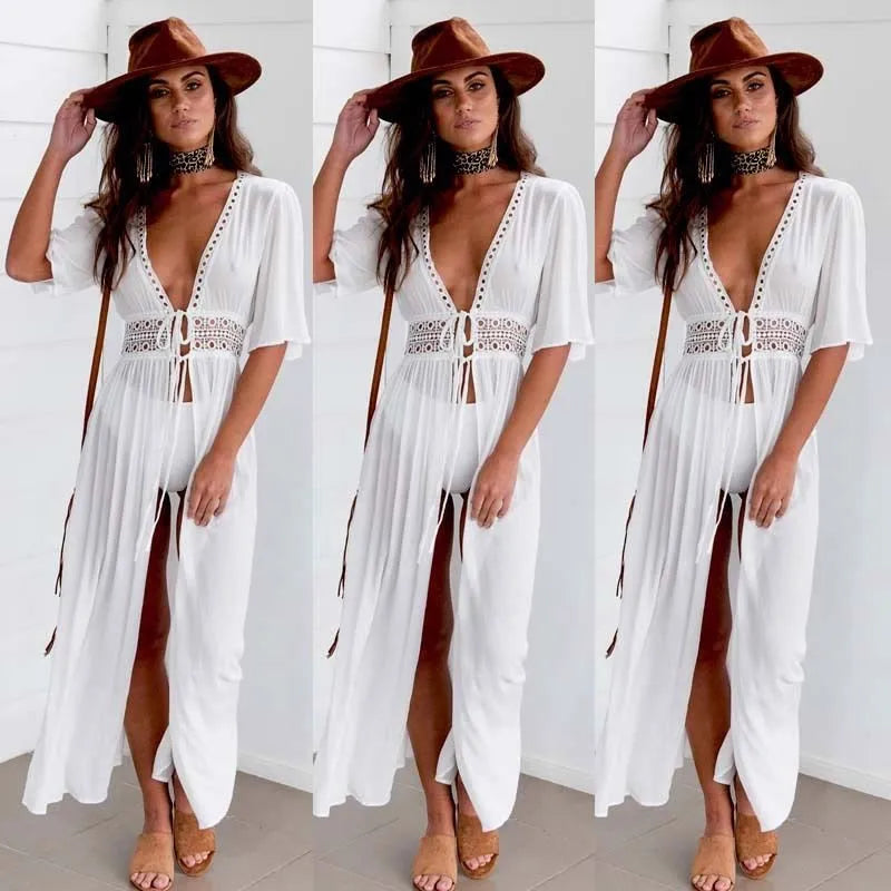 Beach Long Maxi Dress Beach Cover Up Bikini Tunic Pareo White V Neck Dress Robe Swimwear Bathing Suit Beachwear