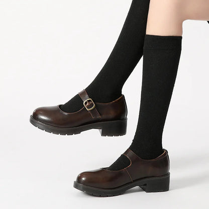 New Small Leather Shoes Round Toe Highheeled Retro Leather British College Style Shoes Mary Jane Shoes