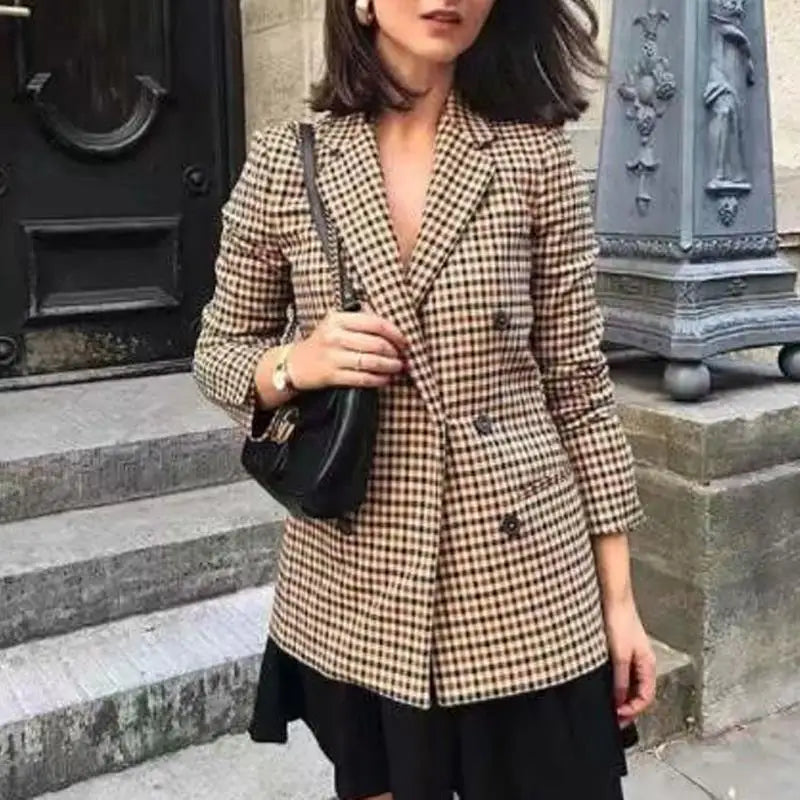 Fall Blazer Jacket Tops Office Wear Korean Plaid Blazer Orange Long Blazer Coat