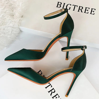 Shoes Green Blue Pumps Office Shoes High Heels Silk Stiletto Heels Sandals 43