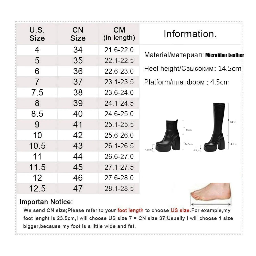 Elastic Kneehigh Boots Chunky Platform High Heels Boots Black Zipper Punk Shoes Winter Botas De Mujer