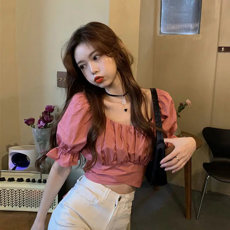 Lace Up Backless Top Youth Woman Blouses Short Sleeve Summer Shirt Low Cut New