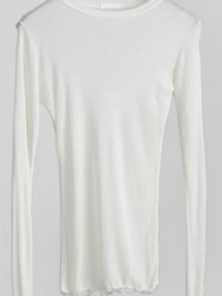 Plain T Shirt Cotton Elastic Basic T-shirts Female Tops Long Sleeve Thin T-shirt See Through