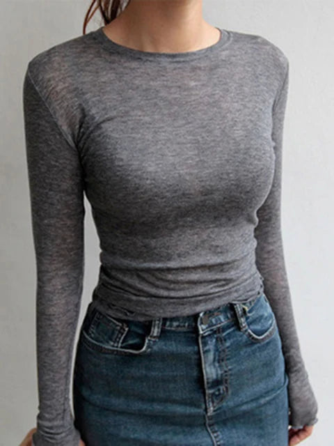 Plain T Shirt Cotton Elastic Basic T-shirts Female Tops Long Sleeve Thin T-shirt See Through