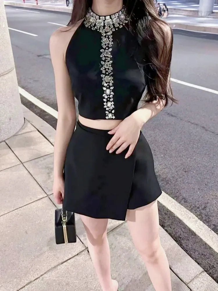 French Diamonds Beading Crop Irregular Skirt