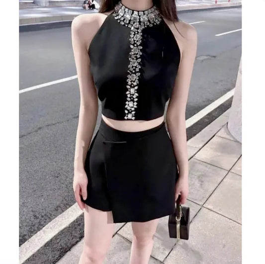 French Diamonds Beading Crop Irregular Skirt