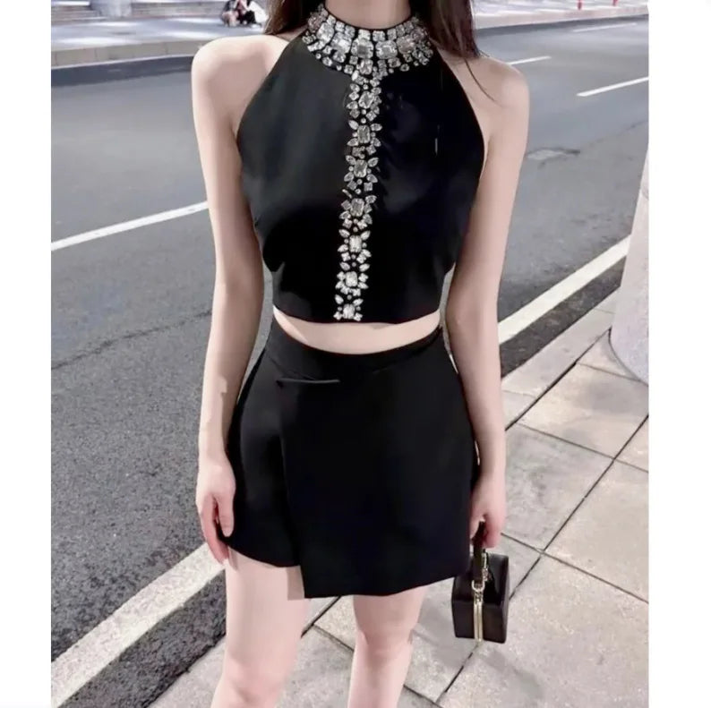 French Diamonds Beading Crop Irregular Skirt