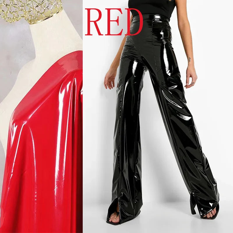 High Waist Faux Latex Wide Leg Stretch Loose Hem Split Office Clubwear Pants