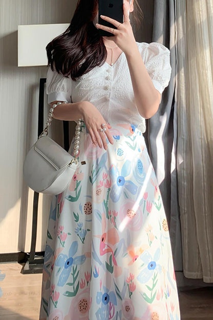High Waist Fresh Print Midi Skirt