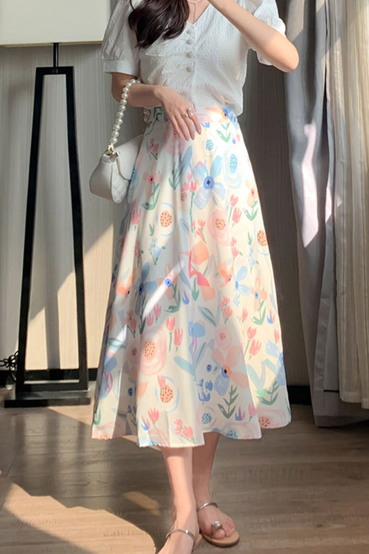 High Waist Fresh Print Midi Skirt