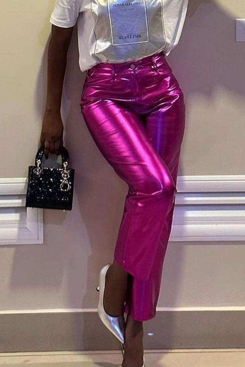 High Waist Glossy Pu Leather Long Pants