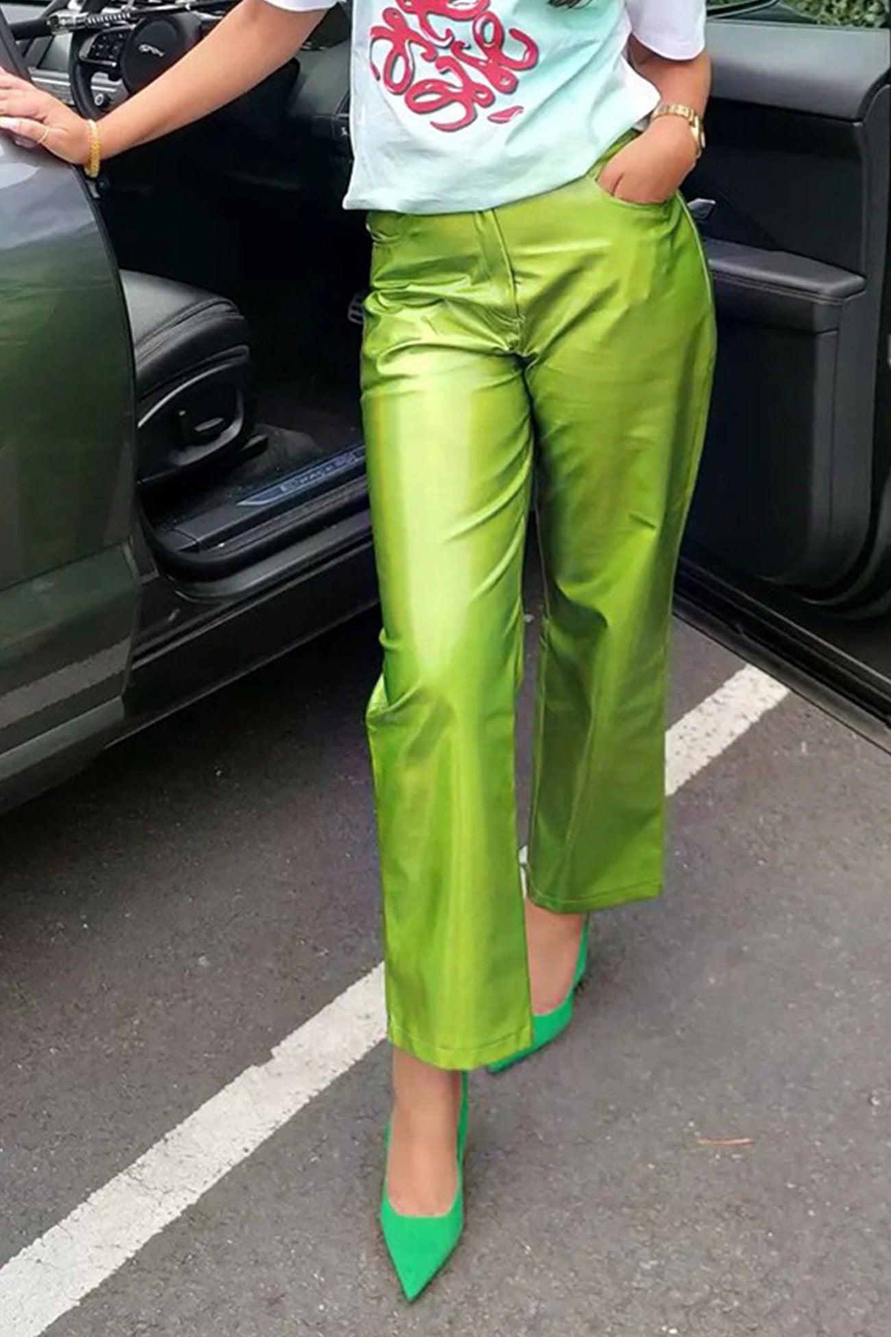 High Waist Glossy Pu Leather Long Pants