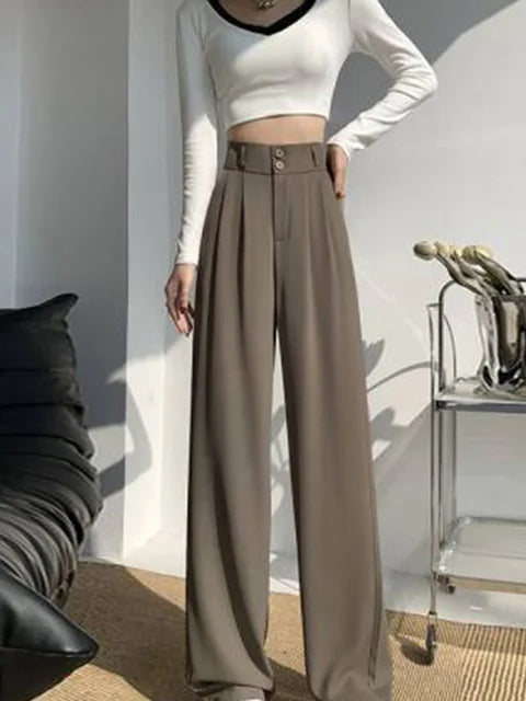 High Waist Wide Leg Pants for New Loose Straight Coffee Trousers Autumn Double Buttons Suit Pants Female