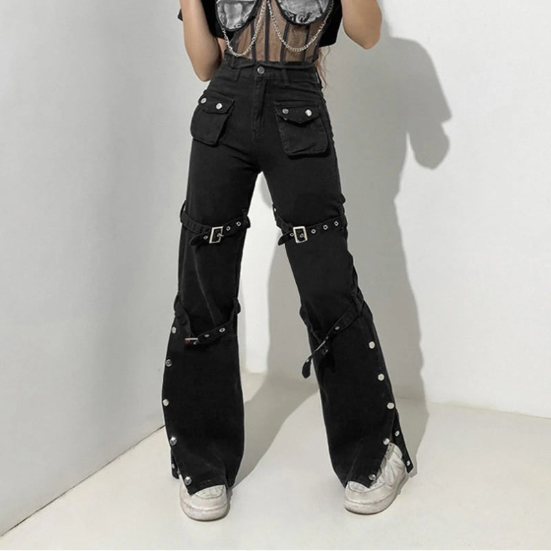 Hippie Cool Straight Punk Metal Buckle Side Split Black Belted Pants