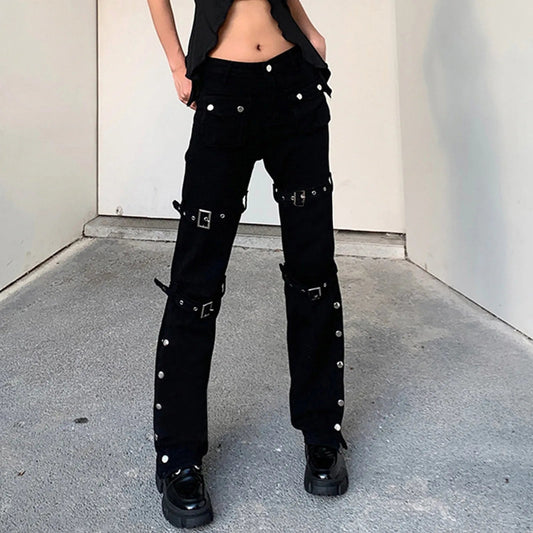 Hippie Cool Straight Punk Metal Buckle Side Split Black Belted Pants