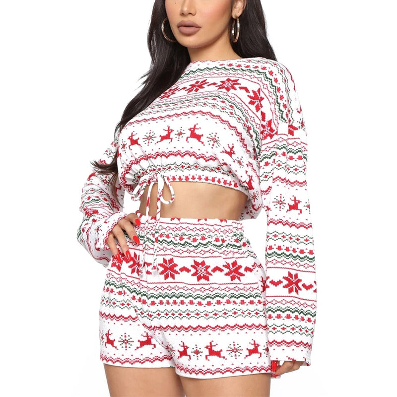 Christmas Pajama Sets Long Sleeve Crop Top Shorts 2pcs Snowflake Print Knitted